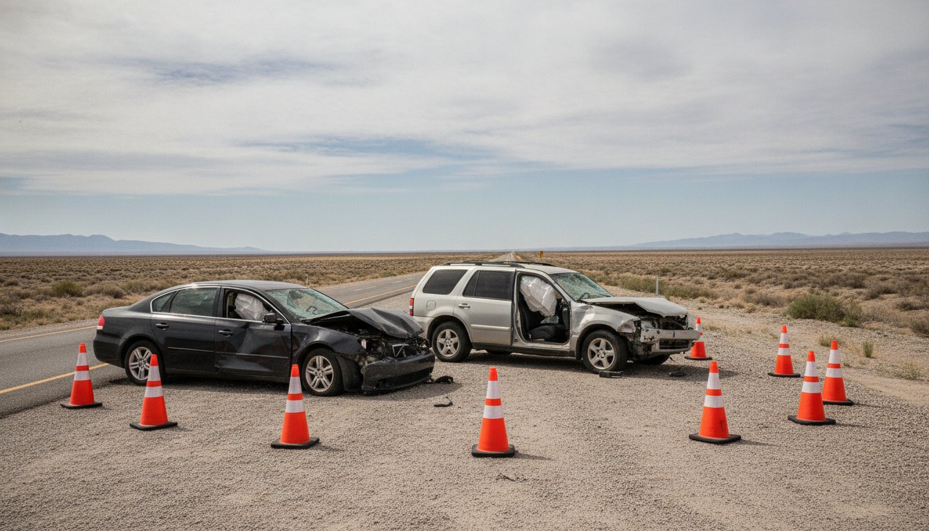 Dois carros danificados no acostamento de uma rodovia isolados com cones de sinalização laranjas.