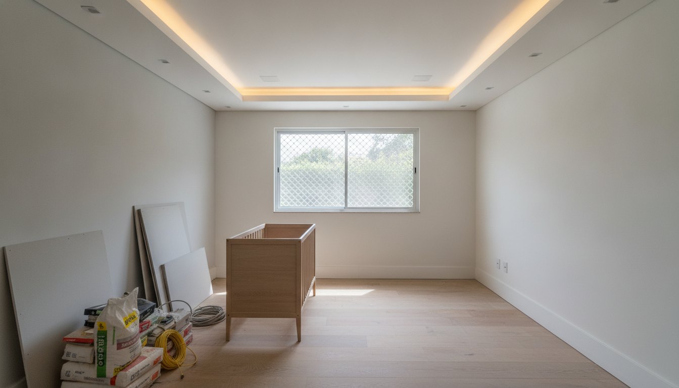 Quarto infantil com teto rebaixado e iluminação embutida, além de janela telada ao fundo.