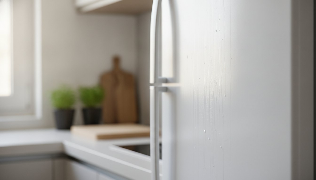 Gotas de água escorrendo pela parede branca externa de um refrigerador em funcionamento na cozinha.