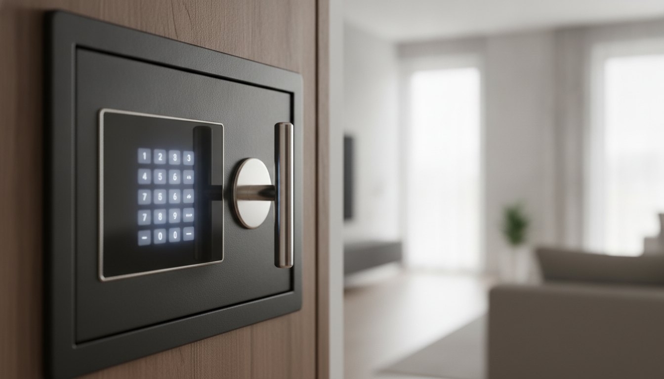 Painel digital de um cofre residencial escuro com teclado numérico iluminado e maçaneta de aço.