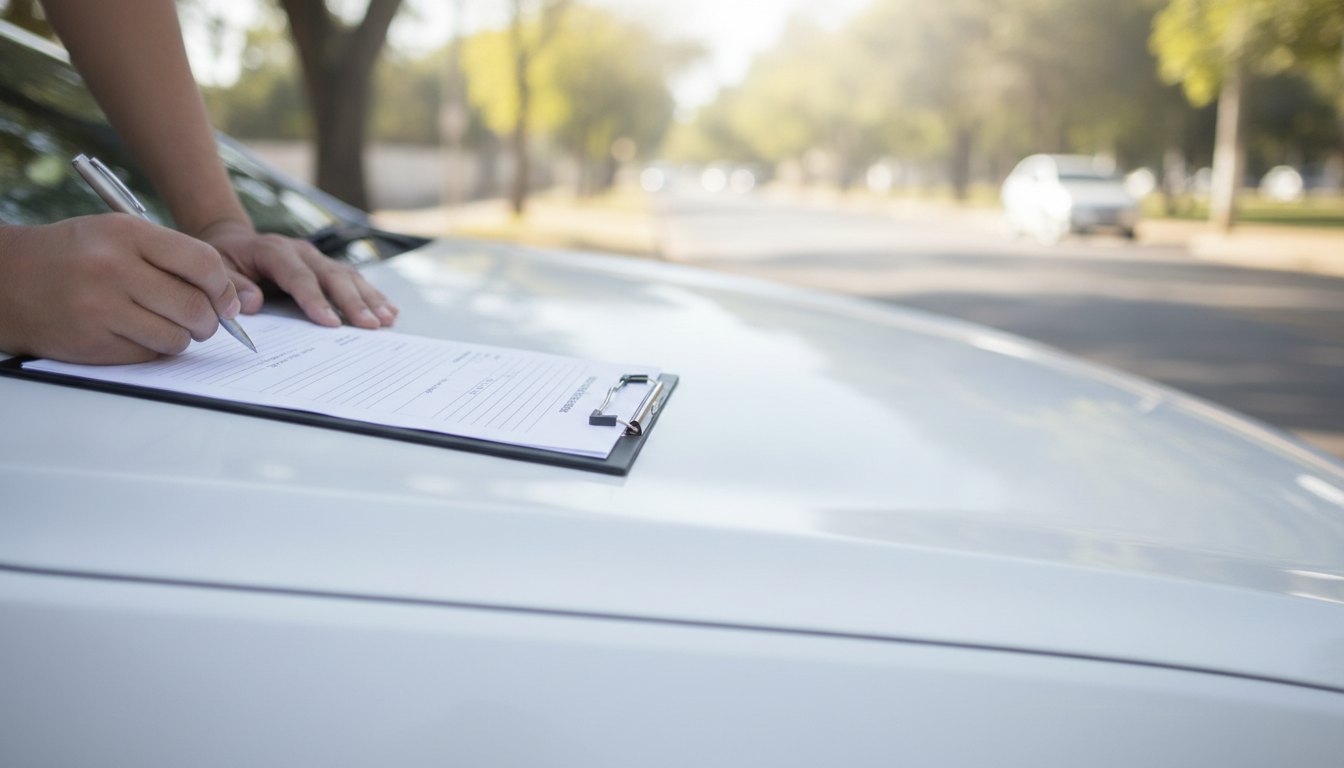 Duas pessoas assinando um documento de transferência de carro sobre o capô de um veículo branco.