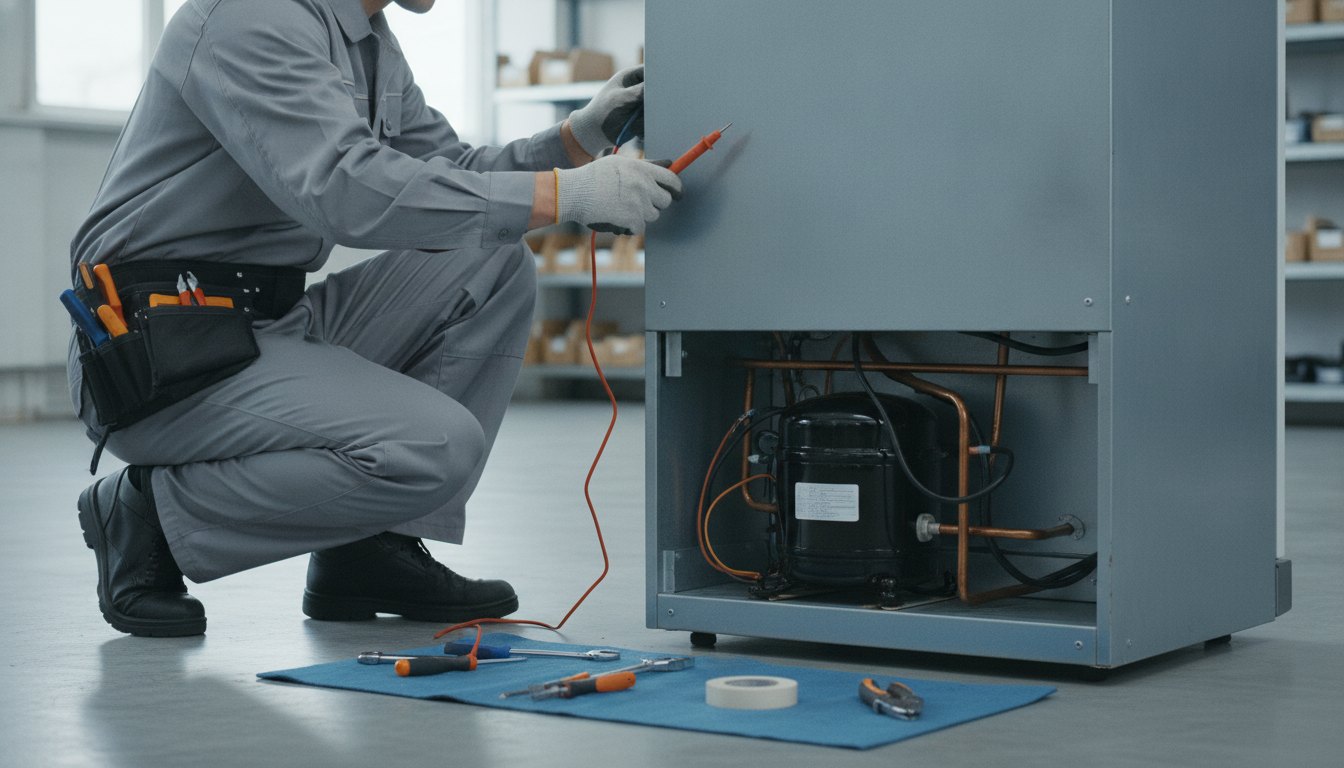 Técnico com uniforme e ferramentas inspecionando o motor na parte traseira de uma geladeira.