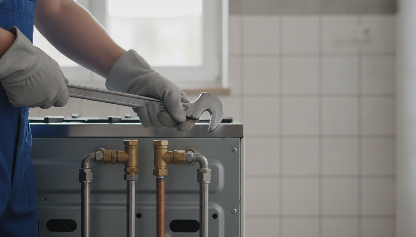 Técnico utilizando chave inglesa para ajustar as conexões metálicas na parte traseira de um fogão residencial.