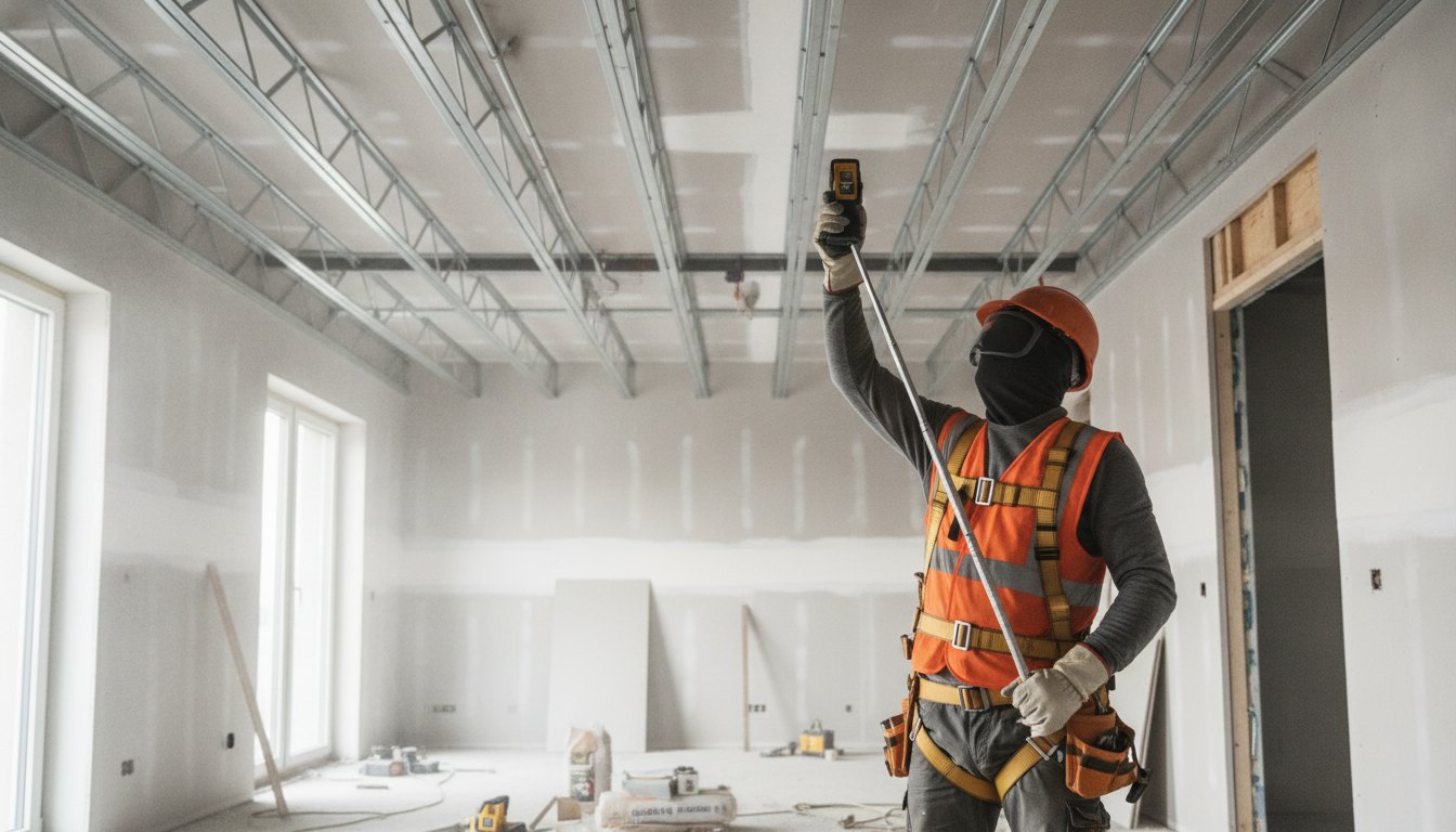 Profissional com equipamento de proteção medindo estrutura metálica no teto durante o acabamento de um apartamento.