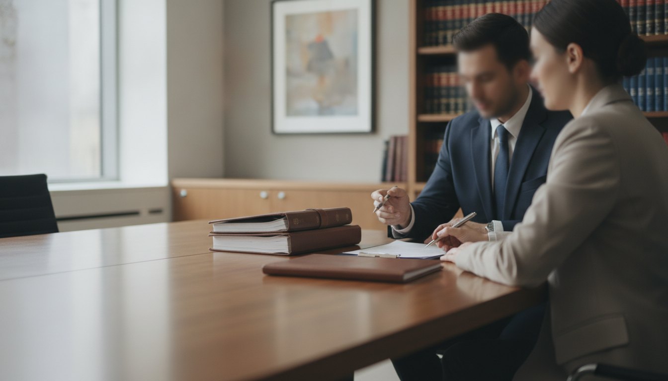 Mulher sentada à mesa assinando documentos ao lado de um profissional de terno.