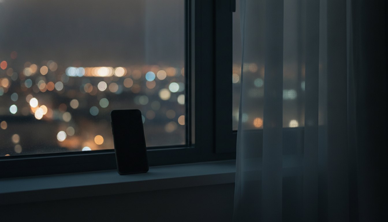 Pessoa segurando um celular perto da janela de um apartamento à noite.