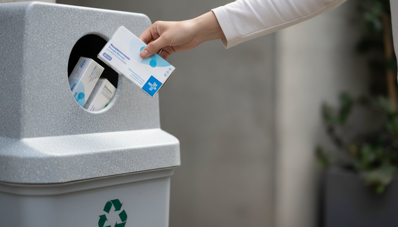Mão de uma pessoa depositando caixas de remédios em uma lixeira de coleta seletiva específica.