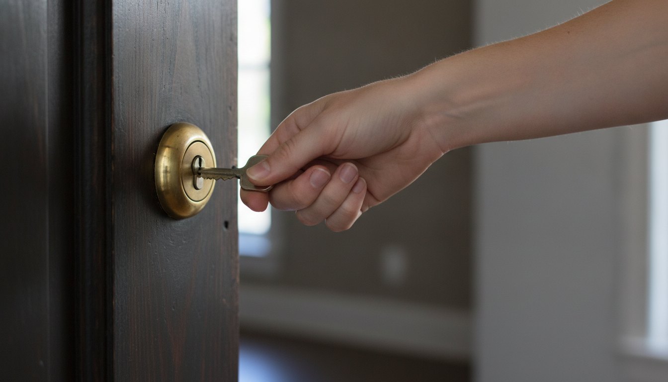 Mão inserindo uma chave metálica em uma fechadura redonda de uma porta de madeira escura.
