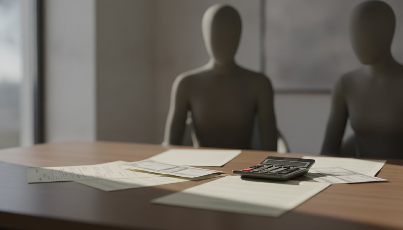 Duas pessoas sentadas à mesa analisando documentos e boletos com uma calculadora.