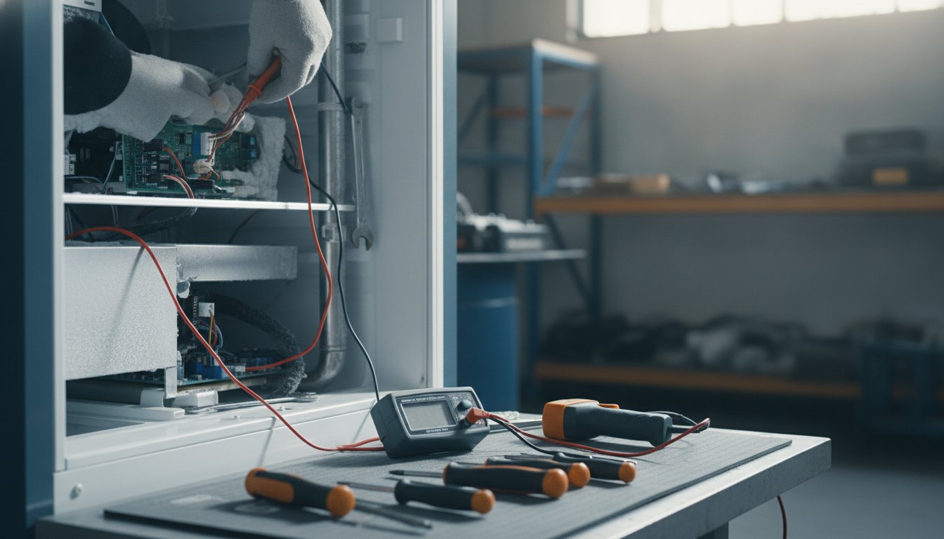 Técnico inspeciona o interior de uma geladeira com ferramentas e medidores de tensão nas mãos.