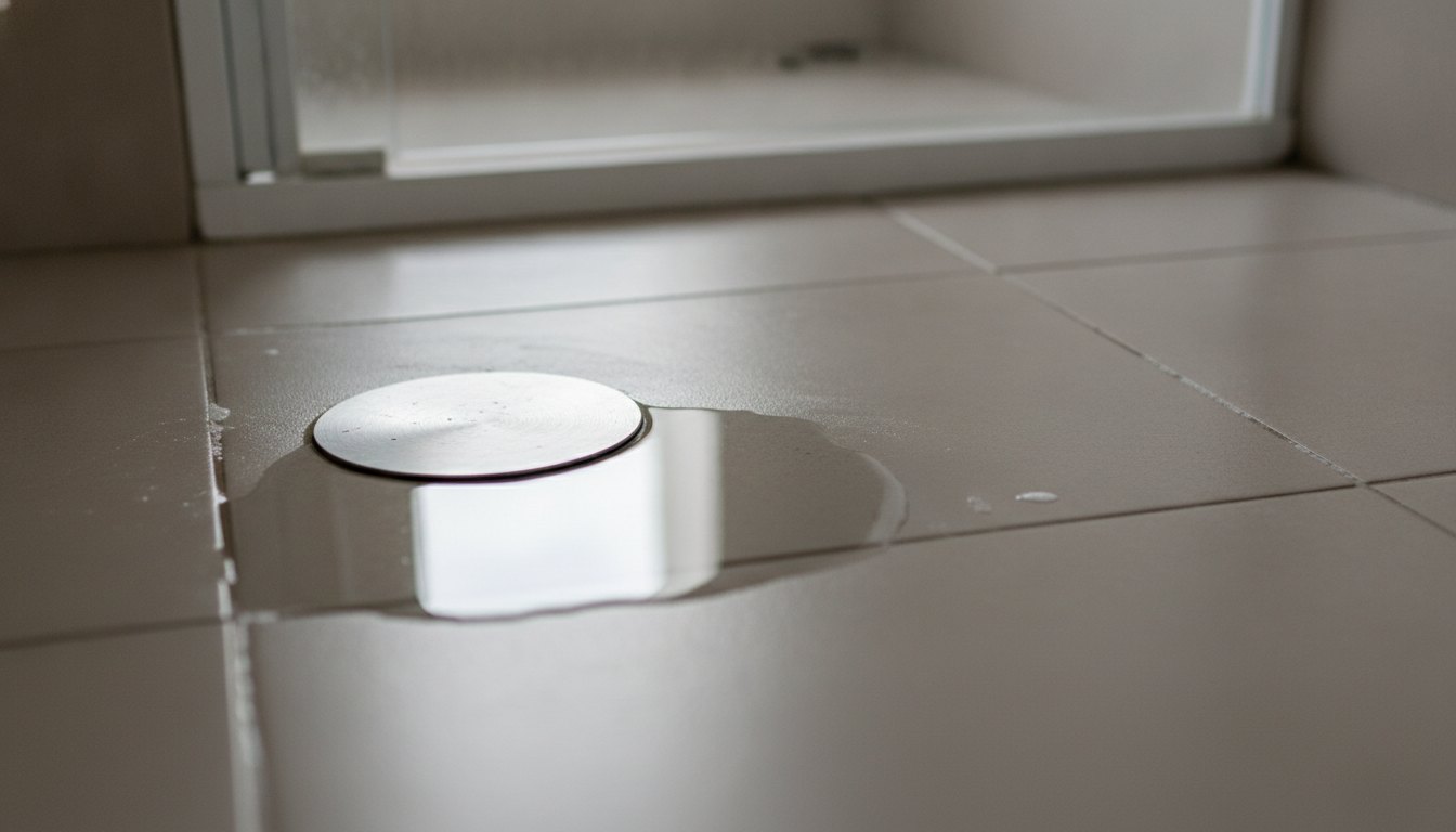 Água escura acumulada ao redor do ralo metálico de um box de banheiro residencial.