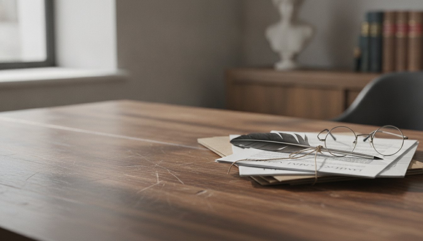 Documentos jurídicos, uma caneta e um óculos sobre uma mesa de madeira em um escritório.