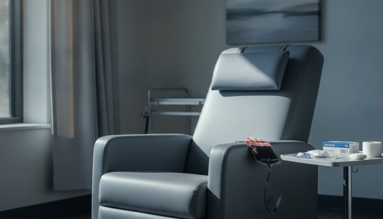 Pessoa sentada em uma poltrona hospitalar com um tubo conectado ao braço durante coleta de sangue.