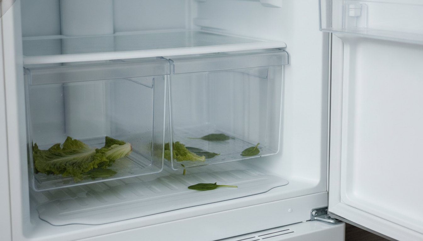 Fundo interno de uma geladeira com poça de água acumulada sob as gavetas de vegetais.