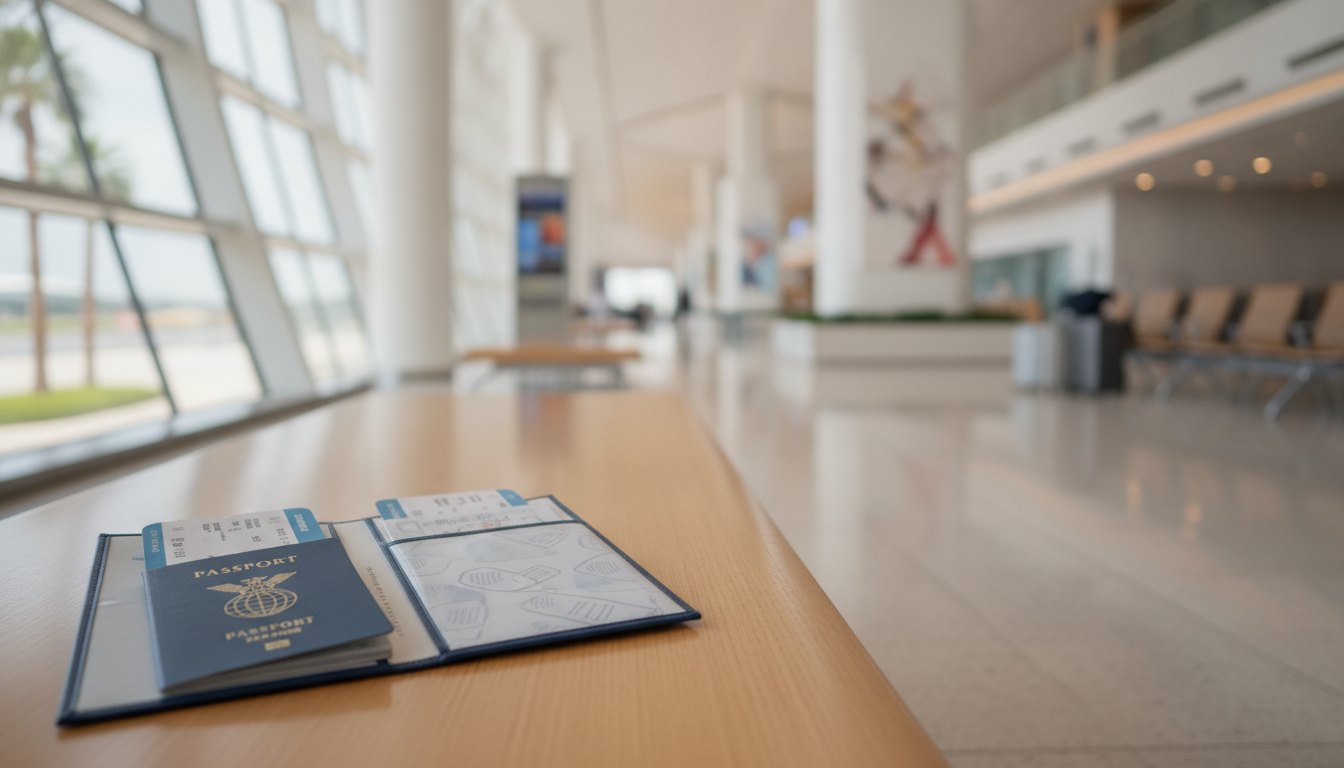 Criança segurando um passaporte e passagens aéreas enquanto aguarda em um saguão de aeroporto.