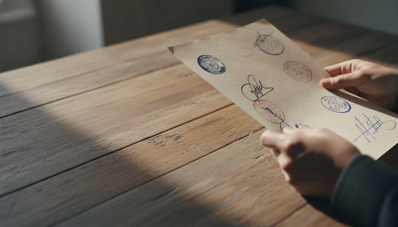 Mãos seguram um documento impresso com carimbos e assinaturas sobre uma mesa de madeira.
