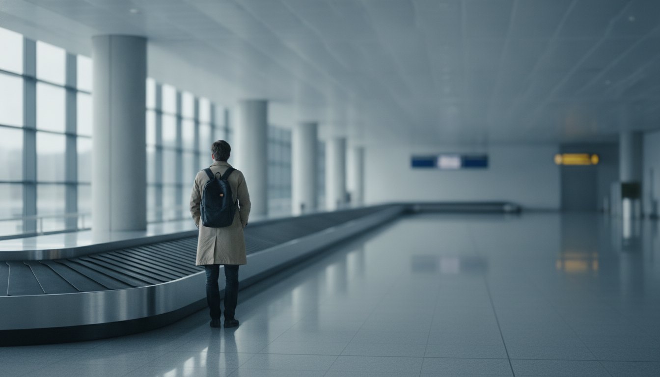 Passageiro de costas observando uma esteira de devolução de malas vazia no setor de desembarque.