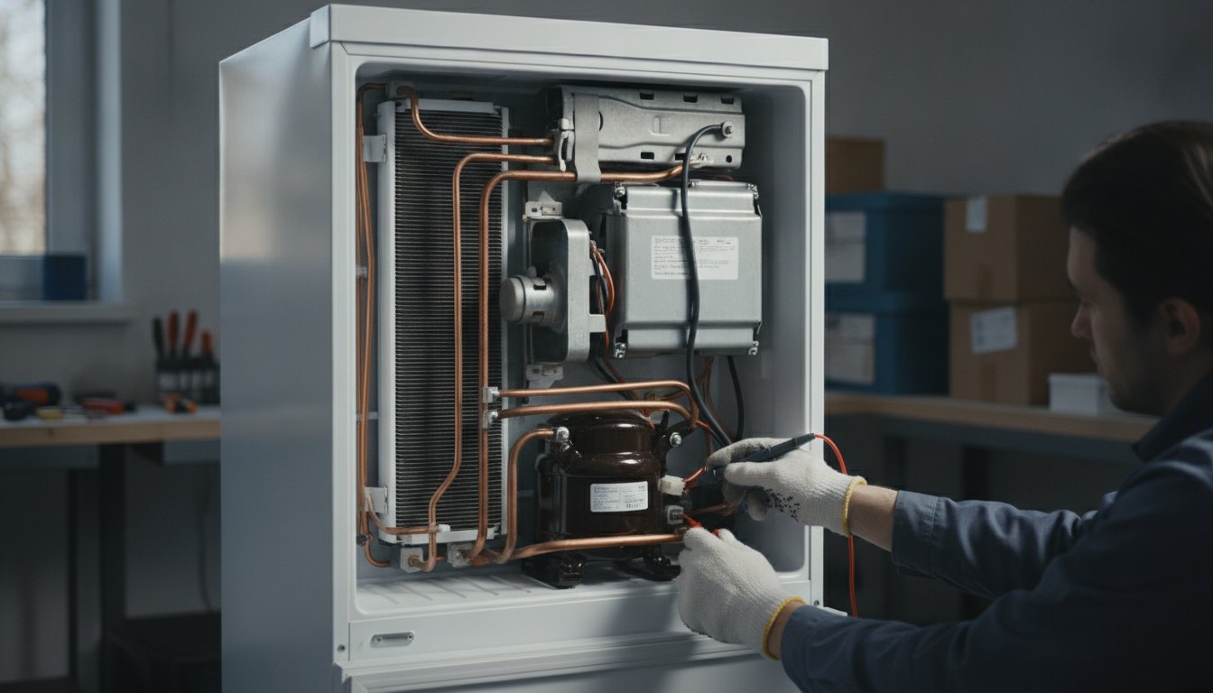 Técnico usando luvas enquanto inspeciona o motor na parte traseira de um refrigerador doméstico.