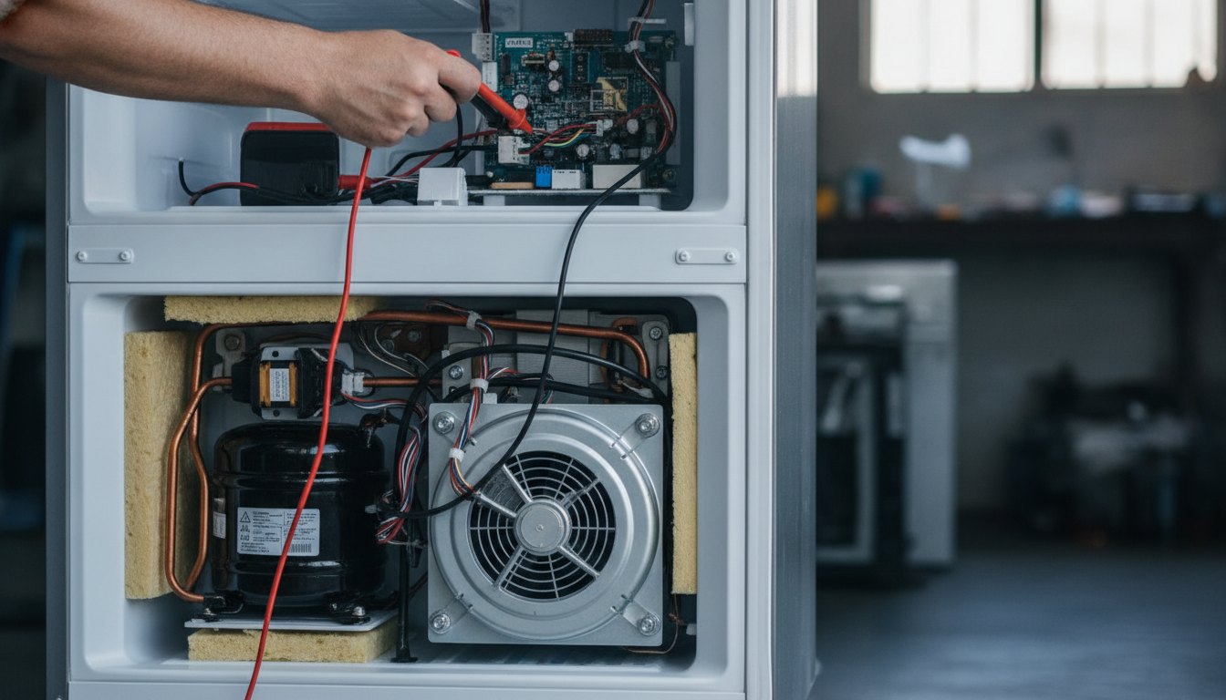 Técnico com multímetro testando os componentes internos na parte inferior de uma geladeira duplex aberta.