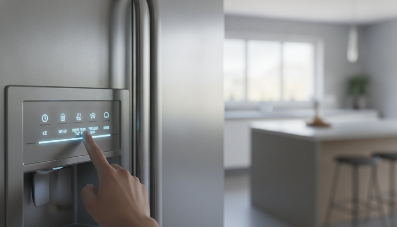 Painel digital de geladeira em aço inox com luzes acesas sendo tocado por uma pessoa