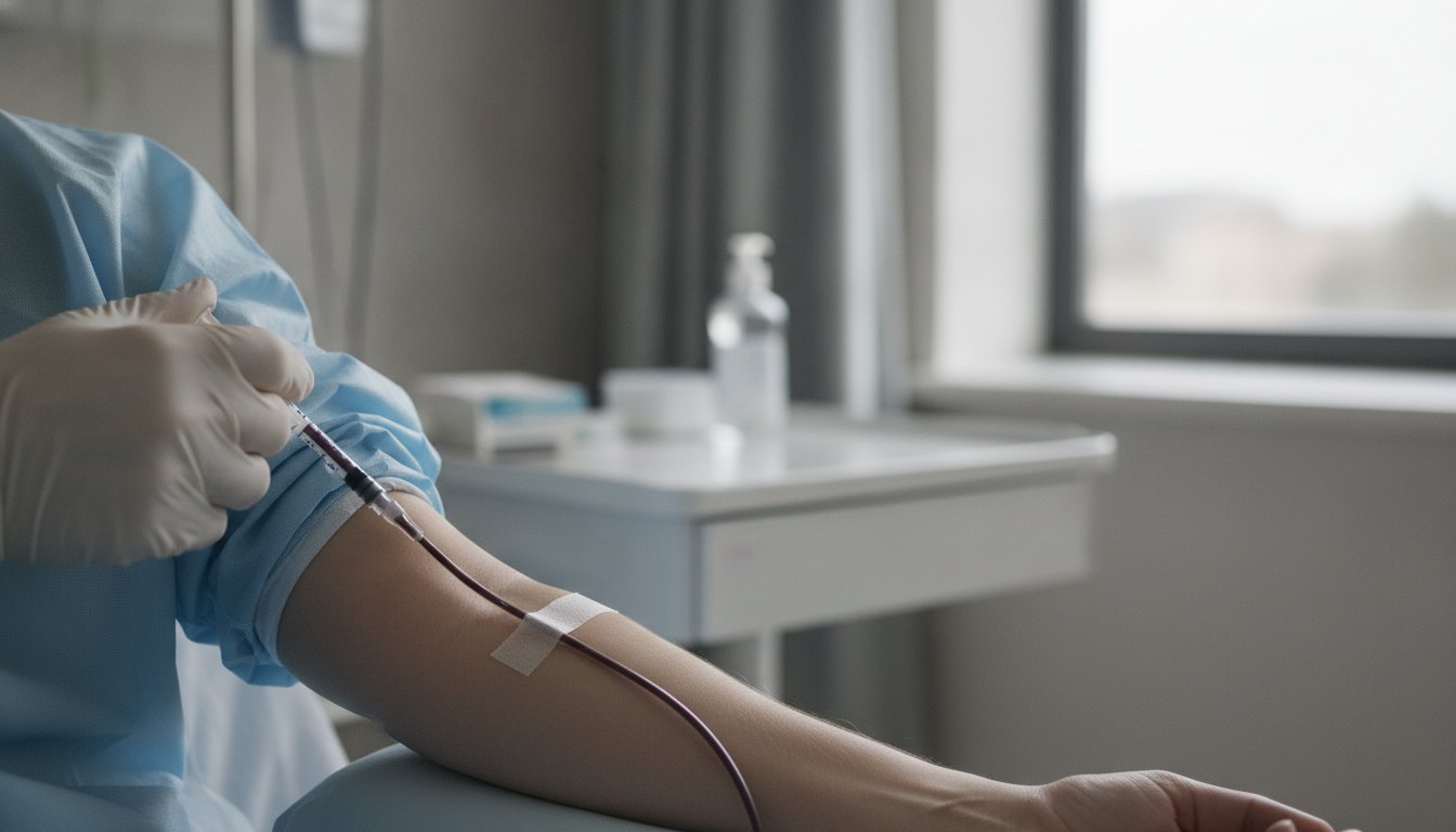 Braço de uma pessoa recebendo agulha para coleta de sangue em ambiente hospitalar.