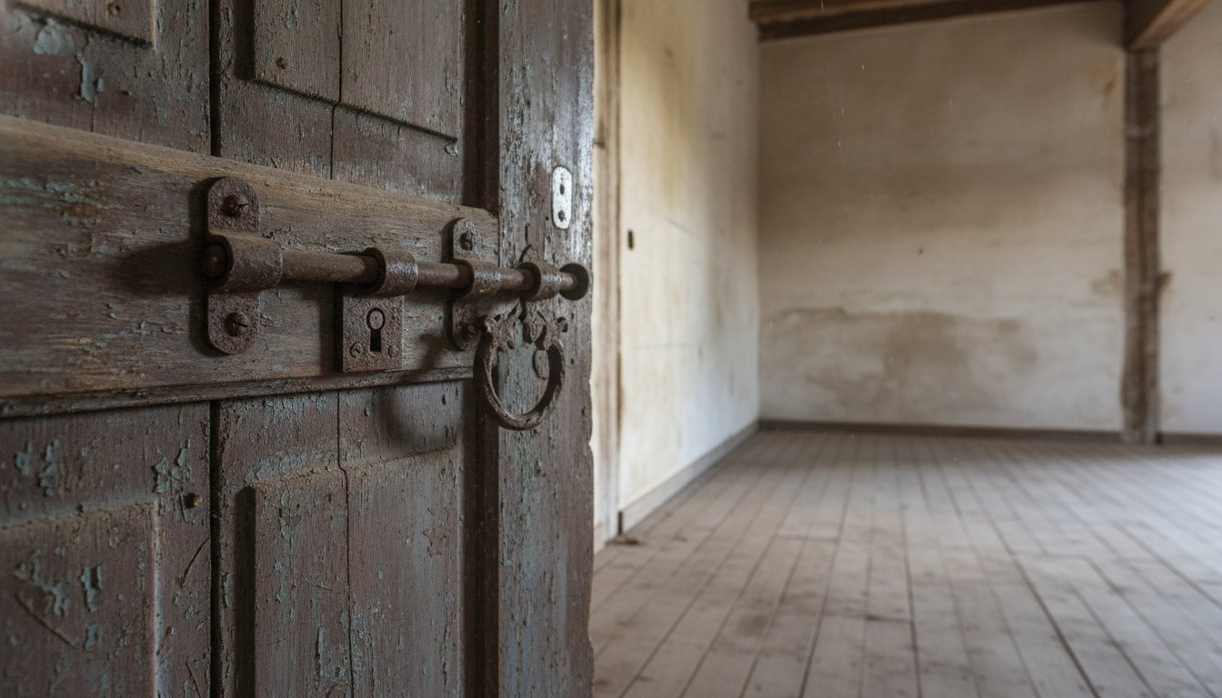 Porta de madeira antiga com fechadura de metal enferrujada em uma casa vazia