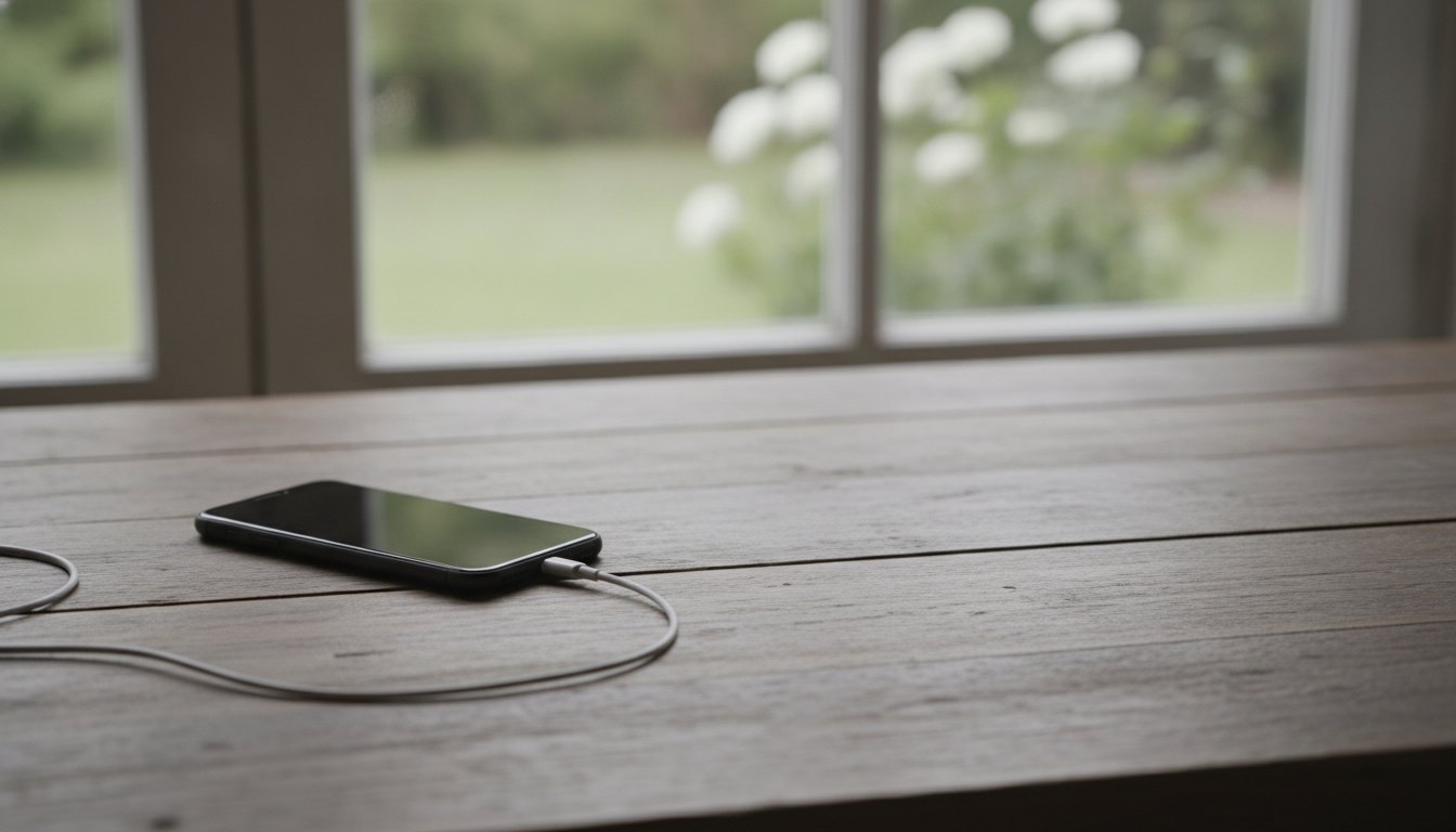 Smartphone conectado ao cabo de energia apoiado sobre uma mesa de madeira ao lado de uma janela.