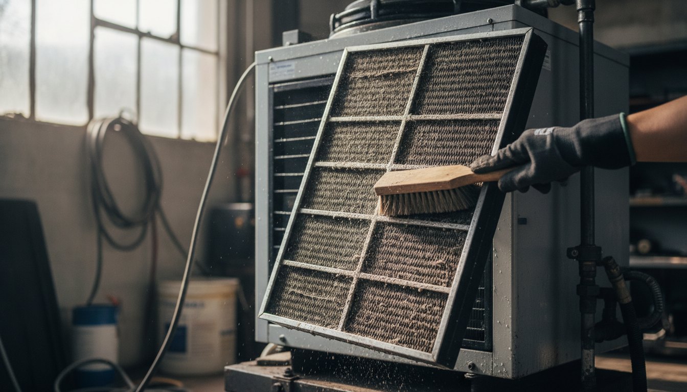 Técnico com luvas limpando o filtro de um equipamento de refrigeração com uma escova.