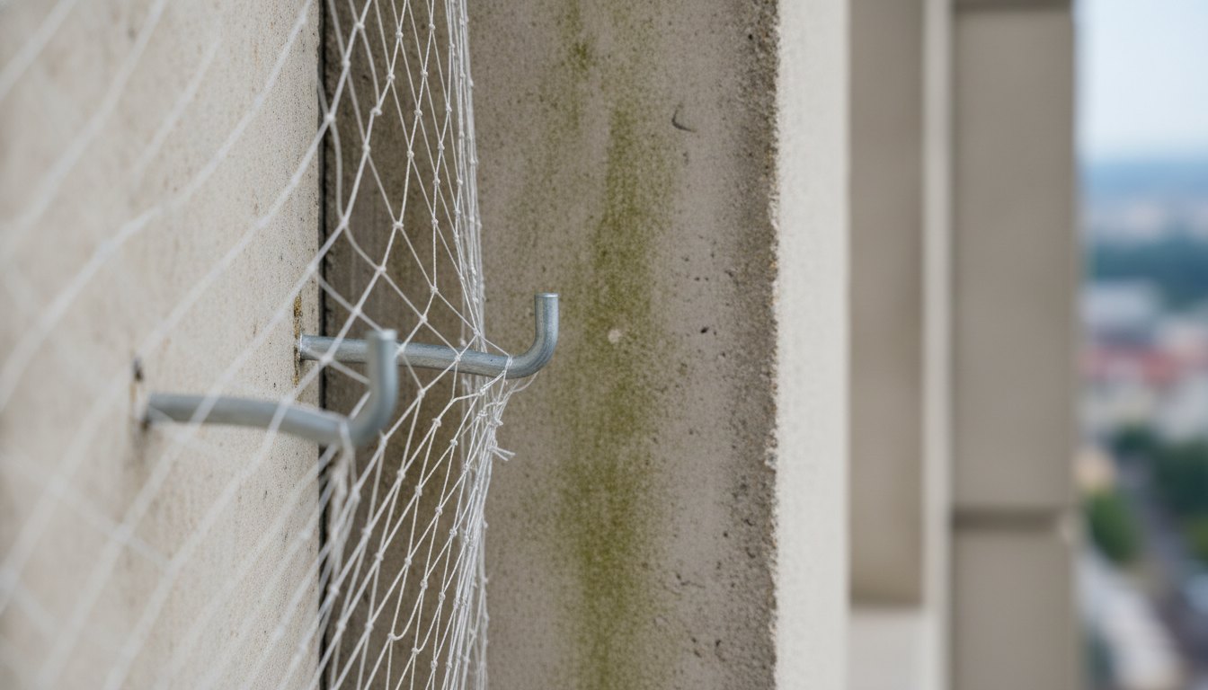 Ganchos metálicos fixados na parede externa de um apartamento segurando os fios de uma rede protetora.