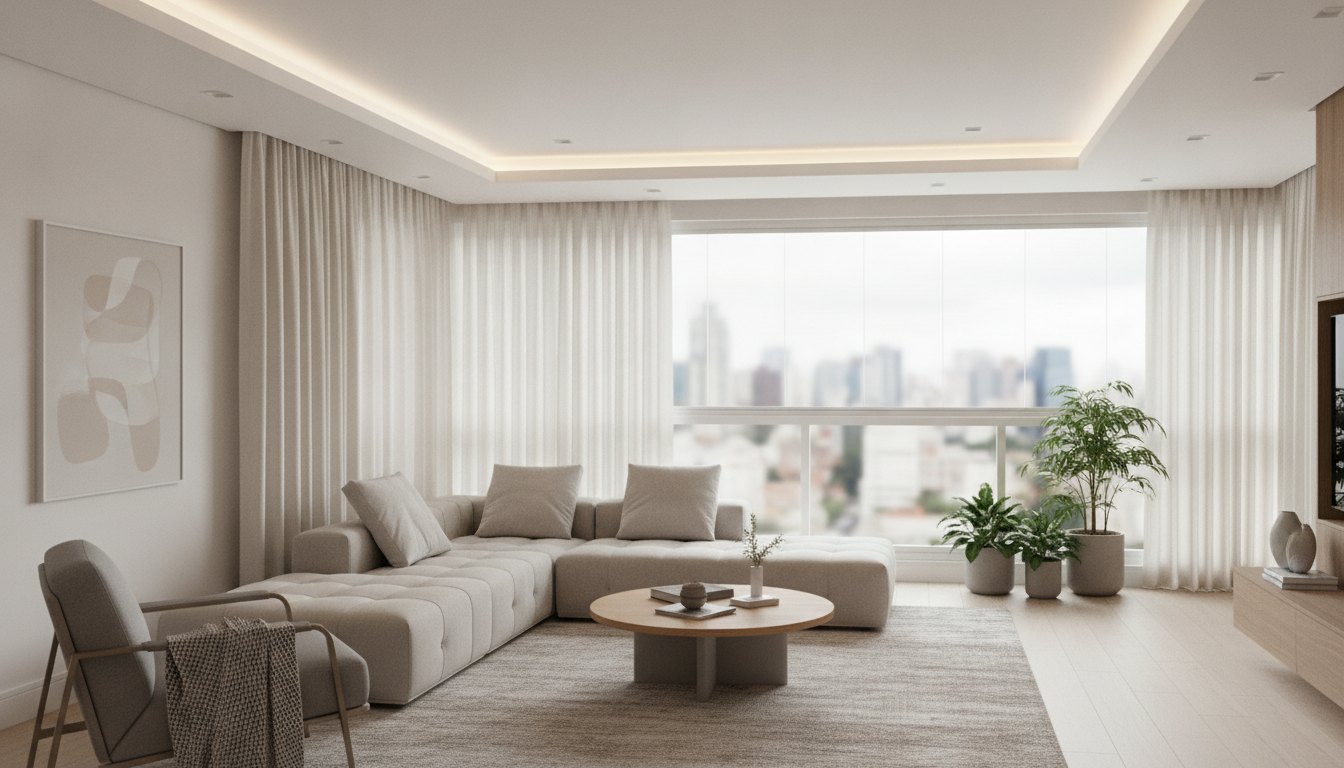 Sala de estar integrada com varanda envidraçada, teto rebaixado com iluminação e cortinas compridas.