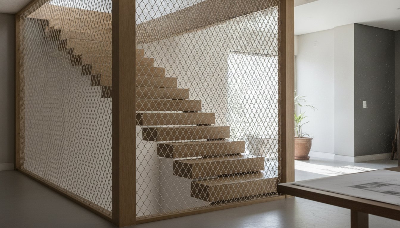 Escada residencial de madeira com degraus vazados e rede de proteção instalada na lateral do vão.