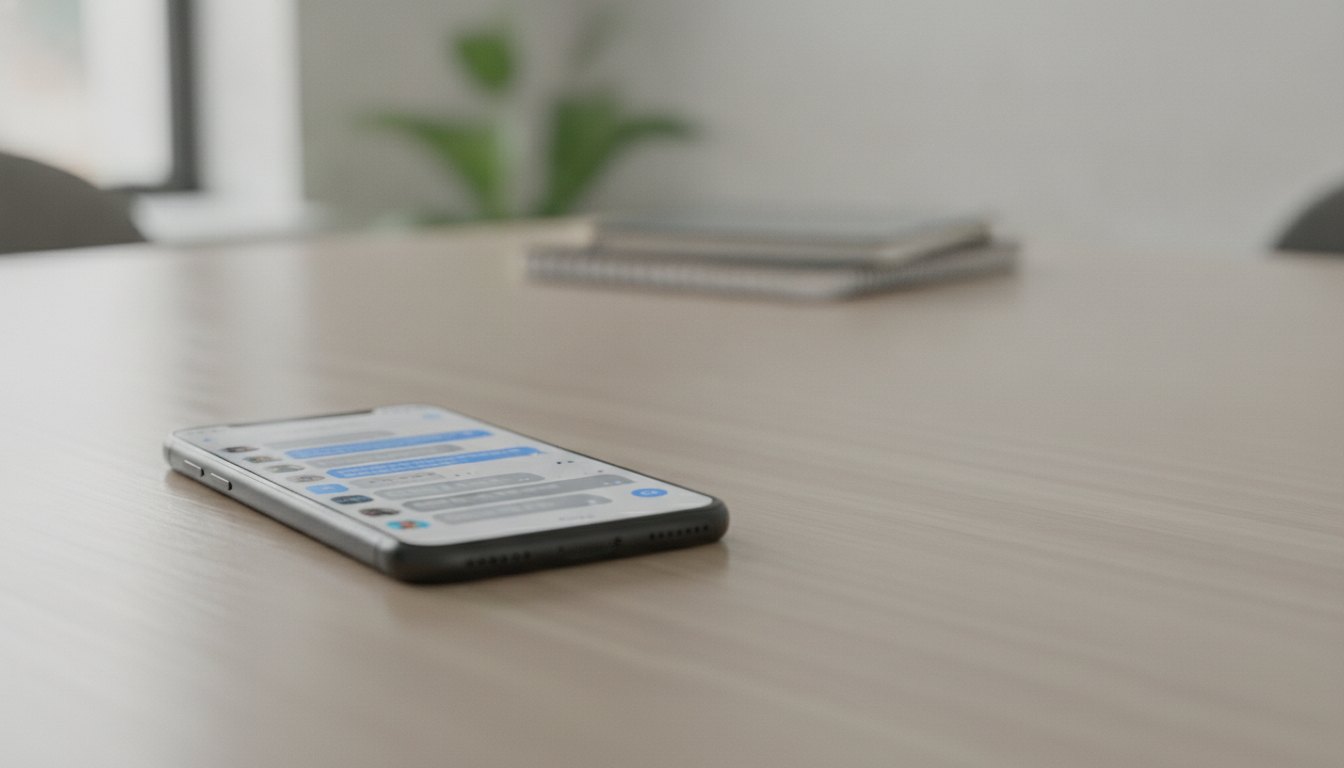 Smartphone sobre uma mesa de escritório mostrando uma tela de chat com várias mensagens não lidas.