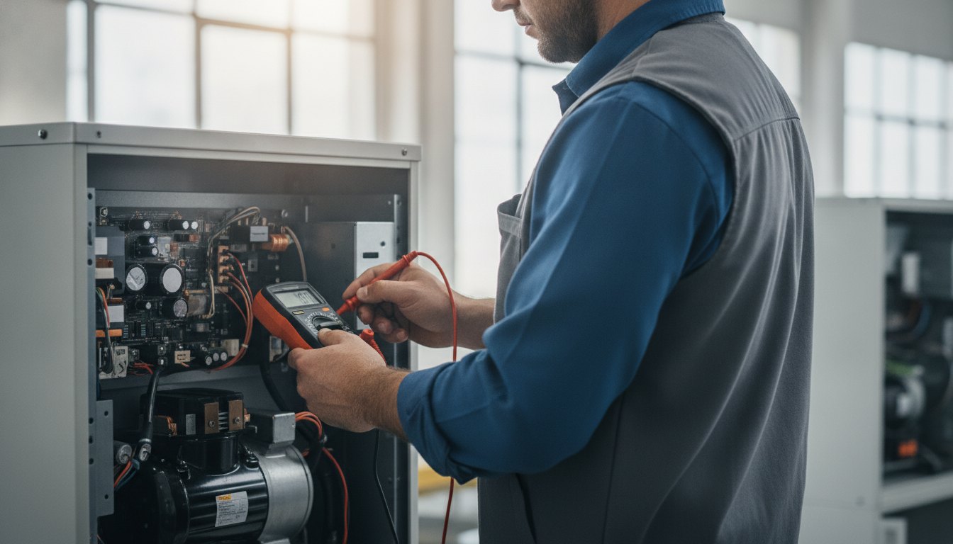 Profissional com uniforme de trabalho utilizando um multímetro para inspecionar os componentes internos de um equipamento.