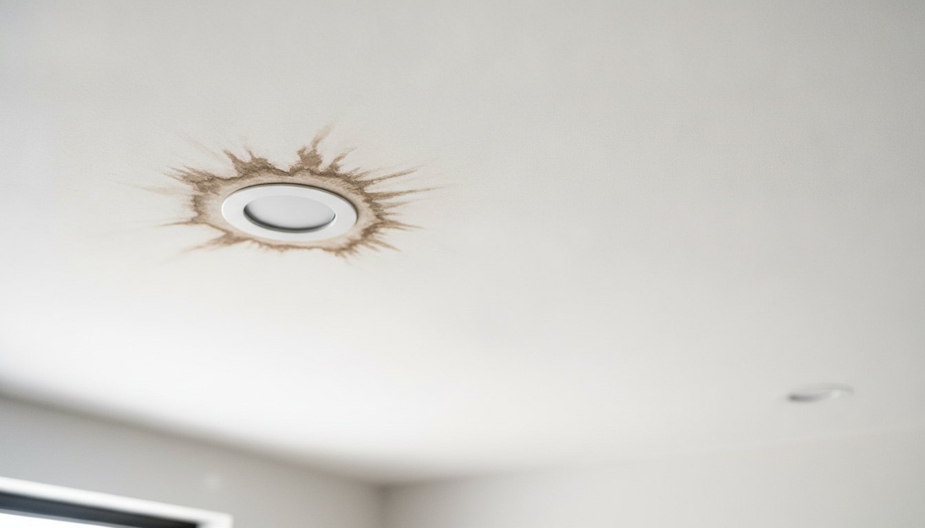 Teto de gesso branco com uma mancha escura de umidade próxima a uma lâmpada embutida.