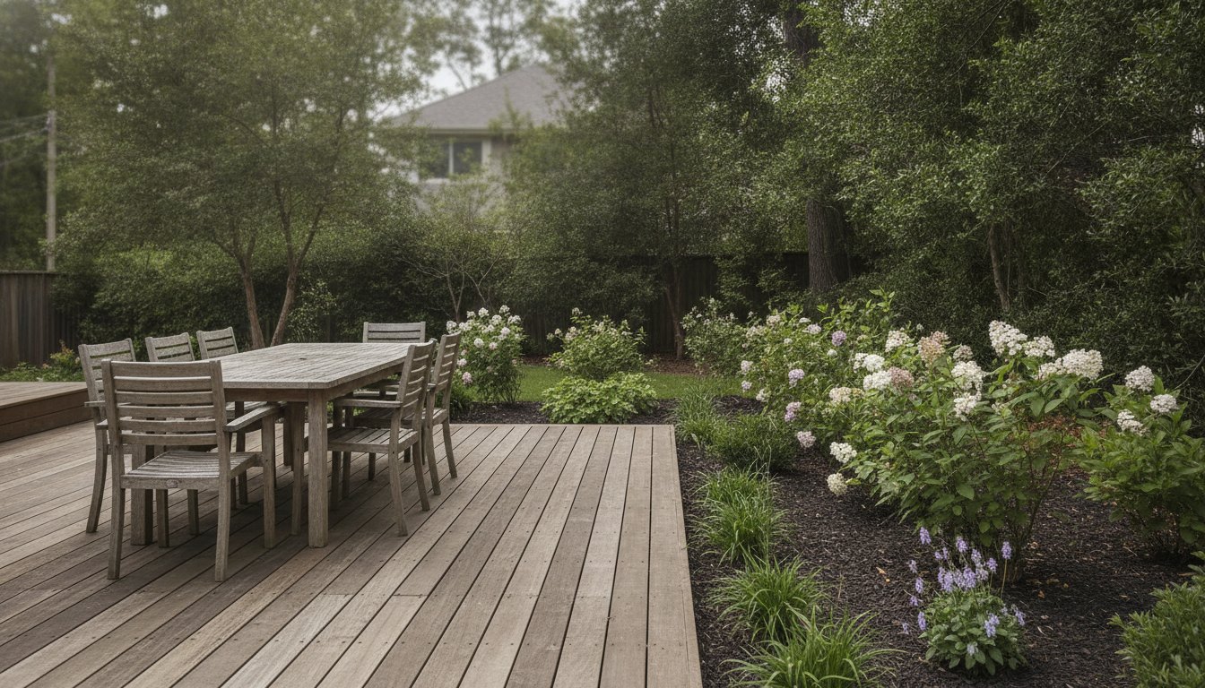 Quintal residencial com mesa de madeira montada sobre um deck e jardim com plantas recém-podadas.