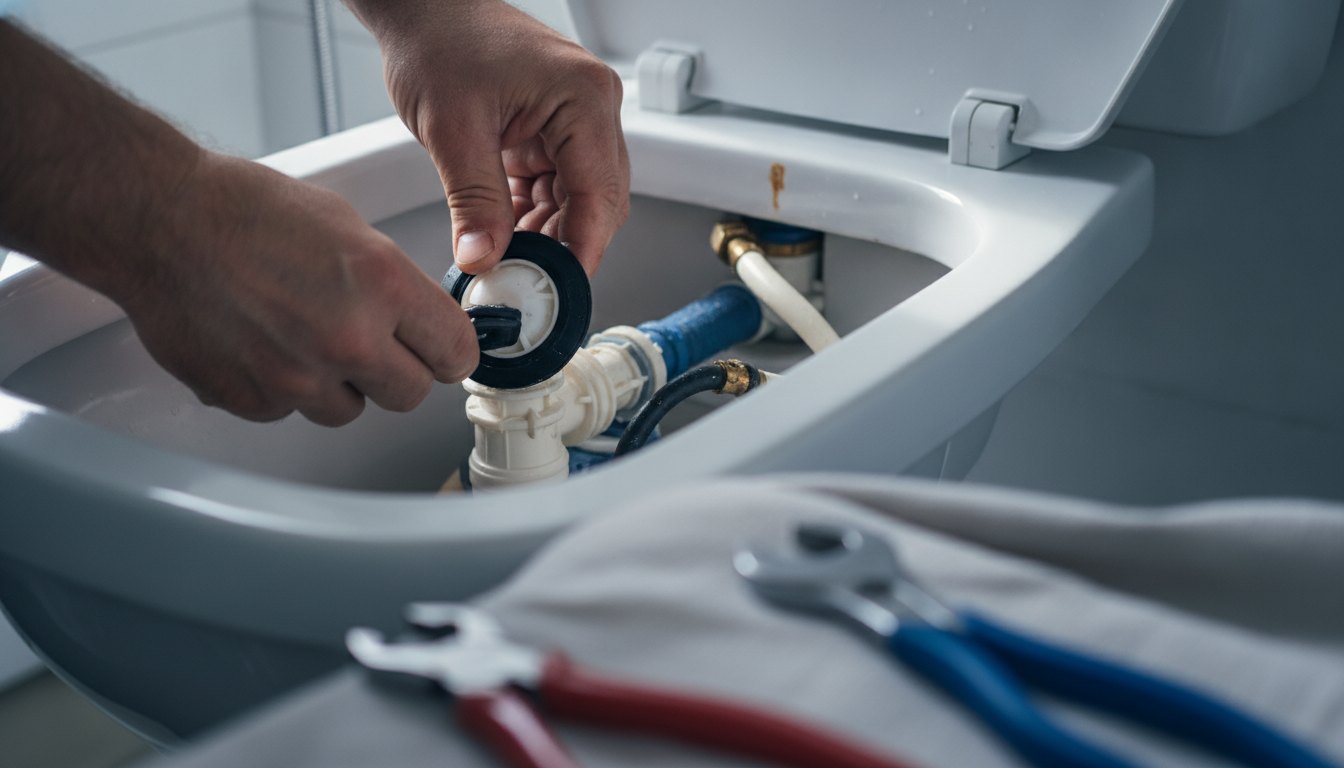 Mãos de um profissional ajustando a boia interna de uma caixa acoplada de vaso sanitário.