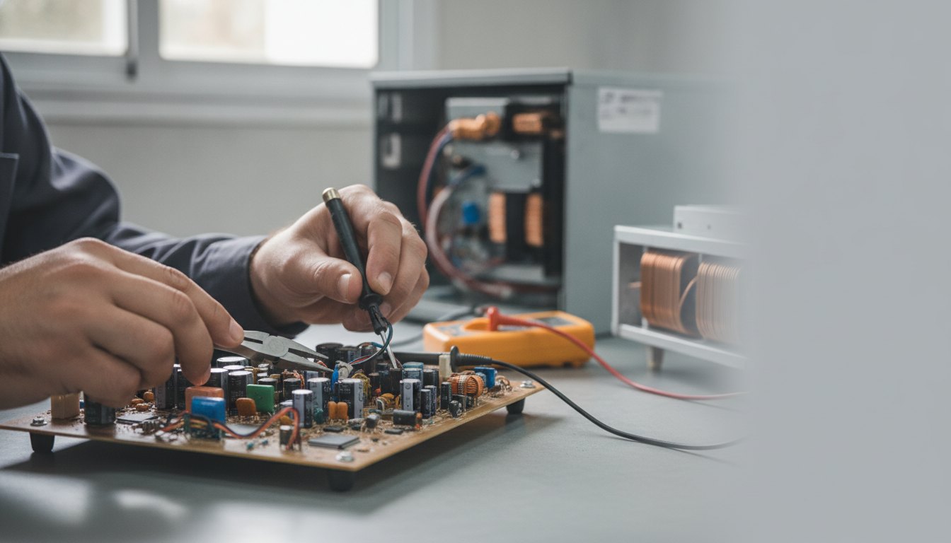 Técnico utilizando ferramentas manuais para reparar a placa interna de um aparelho sobre a bancada.
