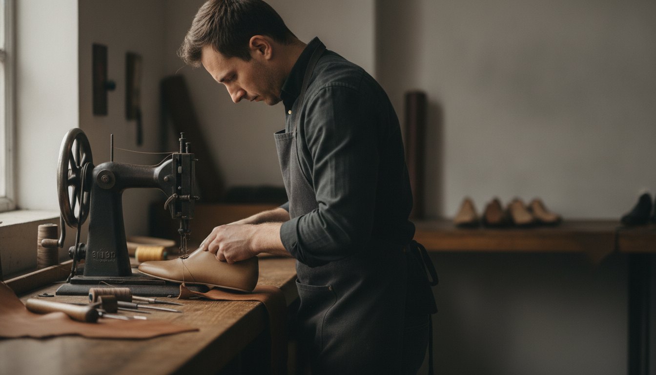 Homem com avental escuro concentrado costurando um sapato de couro em uma máquina manual tradicional.