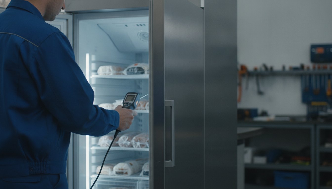 Técnico em uniforme azul medindo a temperatura interna de um refrigerador com um termômetro digital.