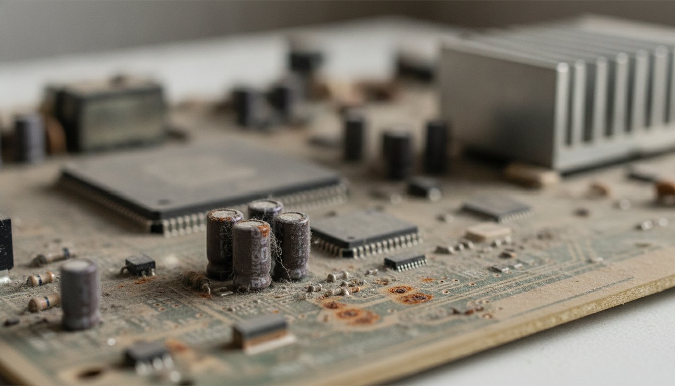 Placa de circuito eletrônico com pequenas manchas de ferrugem e poeira acumulada na superfície.