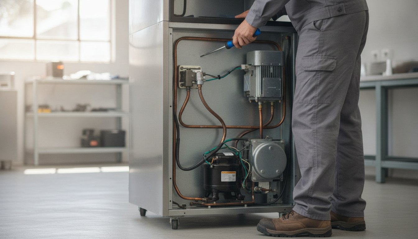 Técnico especializado usando uma chave de fenda para ajustar o motor de uma geladeira.
