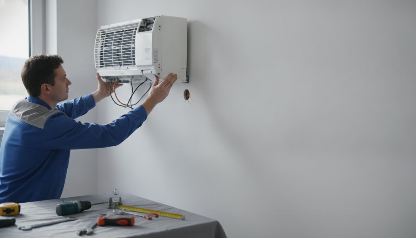 Técnico instalando a unidade evaporadora de um ar-condicionado split em uma parede branca.