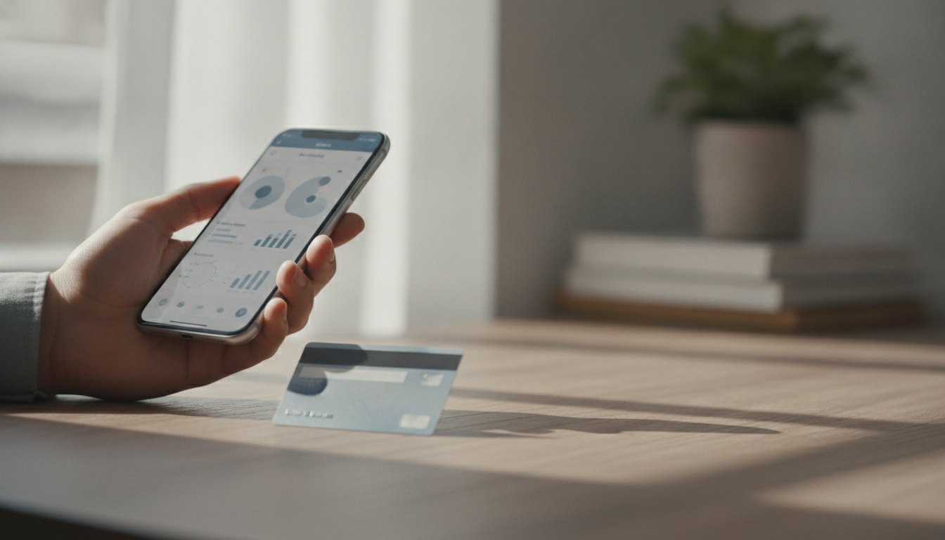 Mão segurando um celular com aplicativo de banco aberto ao lado de um cartão de crédito.