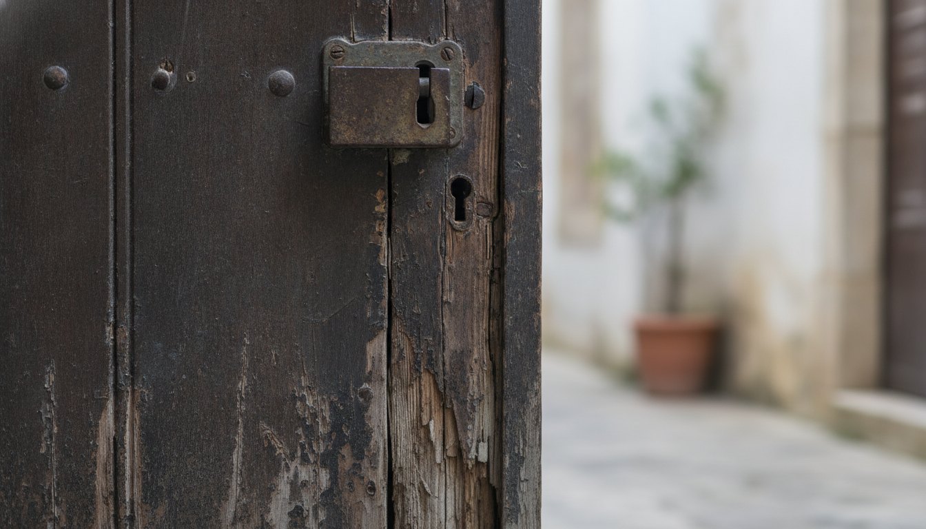 Porta de madeira escura com fechadura metálica e sinais aparentes de desgaste na base.