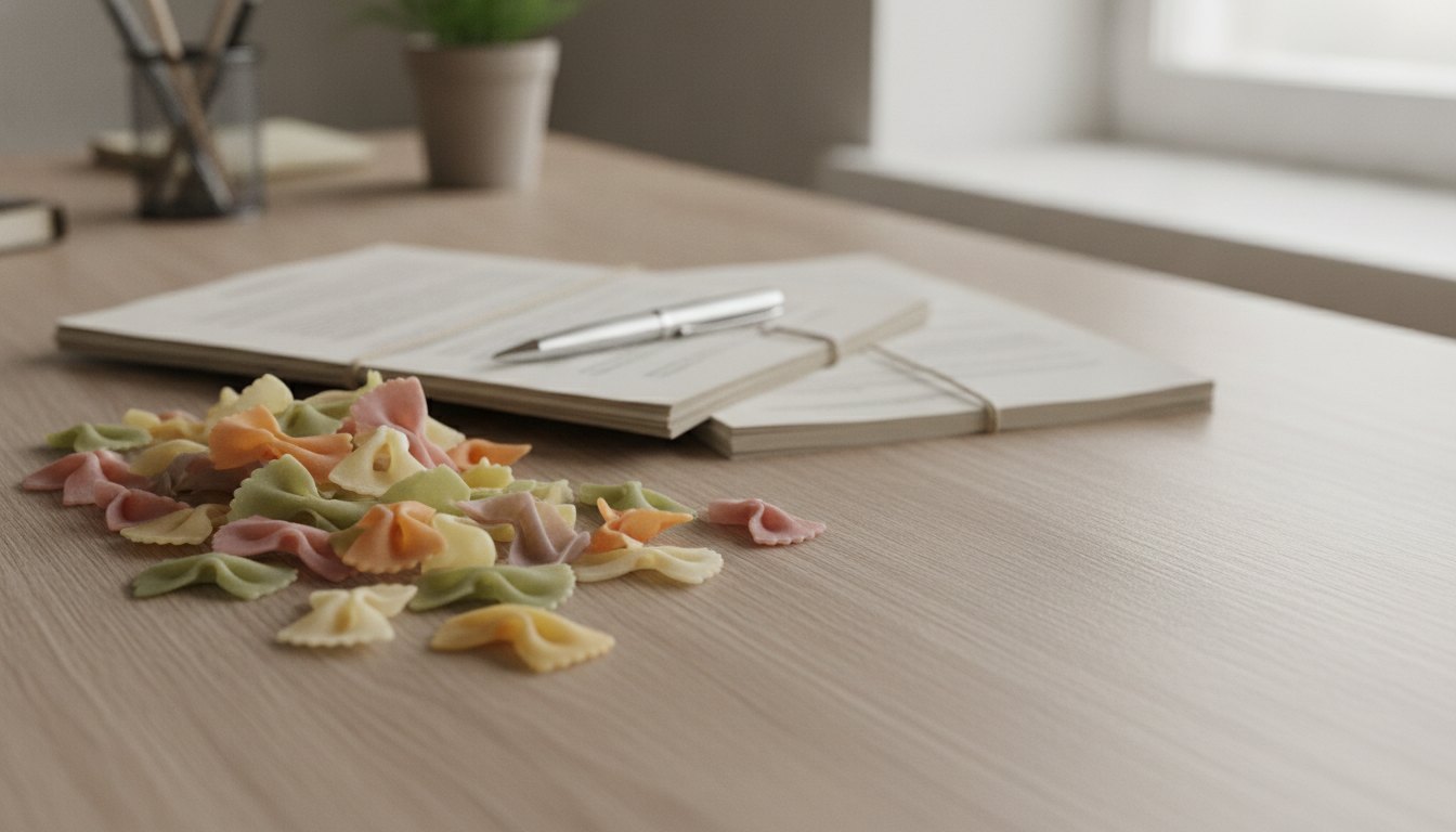 Pastas coloridas e documentos organizados sobre uma mesa de madeira ao lado de uma caneta.