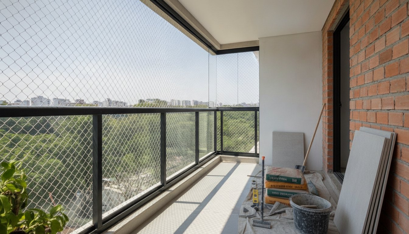 Varanda de apartamento fechada com tela de proteção transparente sob a luz do dia.