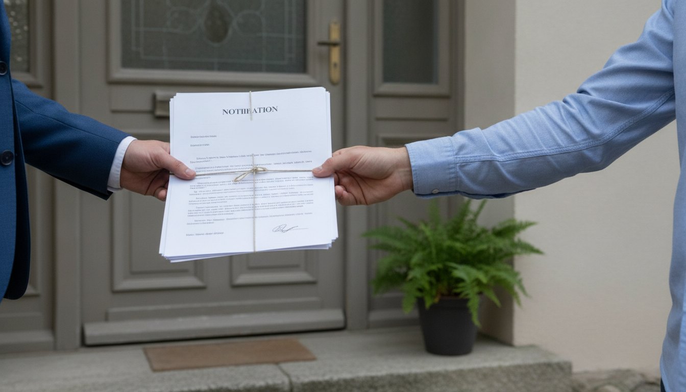 Oficial de justiça entregando um documento de notificação para um cidadão na porta de casa.