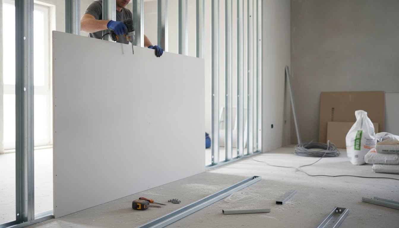 Operário instalando placas de gesso em uma estrutura metálica de parede divisória.