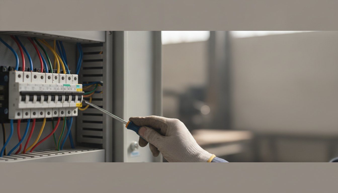 Mão segurando chave de fenda ajustando fios coloridos em um painel de disjuntores elétricos aberto.