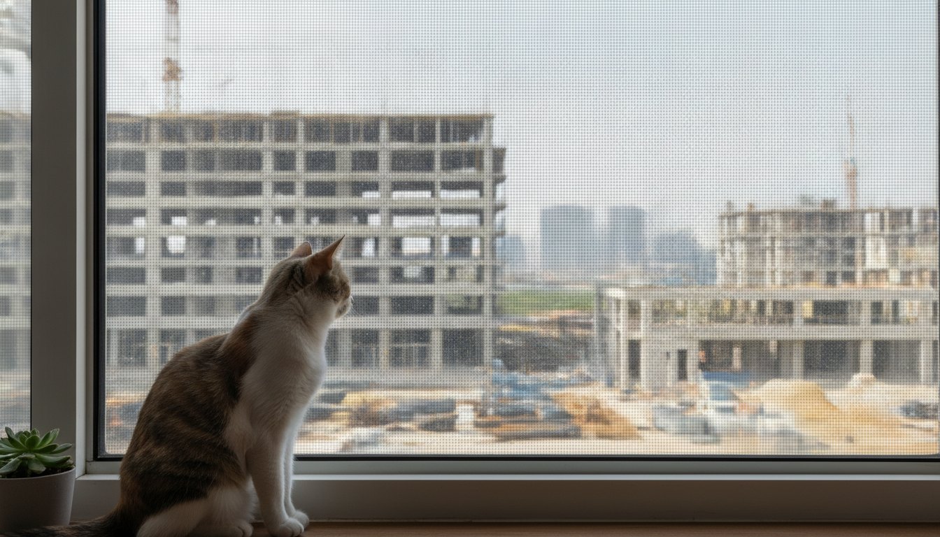 Gato observando pela janela de um apartamento protegida com rede de segurança tensionada.